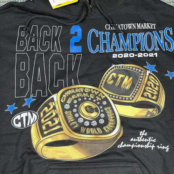 China Town MARKET Back to Back Champions 2021 Black Pullover Hoodie M New - Picture 2 of 6